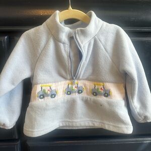 Light Blue Kids Half-Zip Fleece Pullover with Tractor Trim